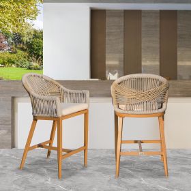 Bar Stools Set of 2 with Arm and Backrest, Outdoor Counter Height Bar Chairs with Cushion, Aluminum Tall Bar stools Modern Textilene Rope Boho Barstoo
