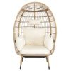 Wicker Egg Chair, Oversized Indoor Outdoor Lounger with Stand and Cushions for Patio Porch Backyard Living Room Balcony, Beige Rattan & Creamy White C