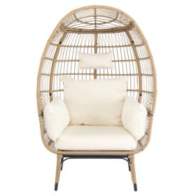 Wicker Egg Chair, Oversized Indoor Outdoor Lounger with Stand and Cushions for Patio Porch Backyard Living Room Balcony, Beige Rattan & Creamy White C