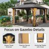 12'x12' Hardtop Gazebo, Outdoor Cedar Wood Frame Canopy with Galvanized Steel Double Roof, Outdoor Permanent Metal Pavilion with Curtains and Netting
