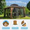 12'x12' Hardtop Gazebo, Wooden Coated Aluminum Frame Canopy with Galvanized Steel Double Roof, Outdoor Permanent Metal Pavilion with Curtains and Nett