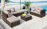GO 8-piece Outdoor Wicker Sofa Set, Rattan Sofa Lounger, With Colorful Pillows, Conversation Sofa, For Patio, Garden, Deck, Brown Wicker, Beige Cushio
