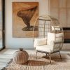 Wicker Egg Chair, Oversized Indoor Outdoor Lounger with Stand and Cushions for Patio Porch Backyard Living Room Balcony, Beige Rattan & Creamy White C