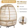 Wicker Egg Chair, Oversized Indoor Outdoor Lounger with Stand and Cushions for Patio Porch Backyard Living Room Balcony, Beige Rattan & Creamy White C