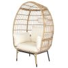 Wicker Egg Chair, Oversized Indoor Outdoor Lounger with Stand and Cushions for Patio Porch Backyard Living Room Balcony, Beige Rattan & Creamy White C