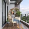 Wicker Egg Chair, Oversized Indoor Outdoor Lounger with Stand and Cushions for Patio Porch Backyard Living Room Balcony, Beige Rattan & Creamy White C