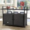 Large Outdoor Kitchen Wicker Island Rolling Cart&Bar Table, Wheels and Black Glass Table Top for Patio, Poolside (Dark Brown)