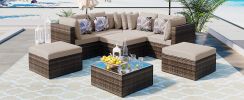 GO 8-piece Outdoor Wicker Sofa Set, Rattan Sofa Lounger, With Colorful Pillows, Conversation Sofa, For Patio, Garden, Deck, Brown Wicker, Beige Cushio