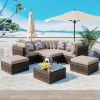 GO 8-piece Outdoor Wicker Sofa Set, Rattan Sofa Lounger, With Colorful Pillows, Conversation Sofa, For Patio, Garden, Deck, Brown Wicker, Beige Cushio