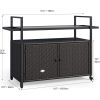 Large Outdoor Kitchen Wicker Island Rolling Cart&Bar Table, Wheels and Black Glass Table Top for Patio, Poolside (Dark Brown)