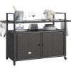 Large Outdoor Kitchen Wicker Island Rolling Cart&Bar Table, Wheels and Black Glass Table Top for Patio, Poolside (Dark Brown)