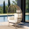 Wicker Egg Chair, Oversized Indoor Outdoor Lounger with Stand and Cushions for Patio Porch Backyard Living Room Balcony, Beige Rattan & Creamy White C