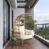 Wicker Egg Chair, Oversized Indoor Outdoor Lounger with Stand and Cushions for Patio Porch Backyard Living Room Balcony, Beige Rattan & Creamy White C