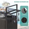 Large Outdoor Kitchen Wicker Island Rolling Cart&Bar Table, Wheels and Black Glass Table Top for Patio, Poolside (Dark Brown)
