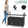 Large Outdoor Kitchen Wicker Island Rolling Cart&Bar Table, Wheels and Black Glass Table Top for Patio, Poolside (Dark Brown)