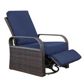 Outdoor Patio Rattan Wicker Swivel Recliner Chair;  Adjustable Reclining Chair 360¬∞ Rotating with Water Resistant Cushions (Color: Navy Blue)