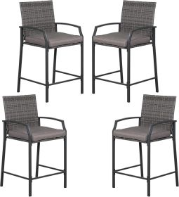 Outdoor Wicker Bar Stools Set of 2, Patio Rattan Counter Height Chairs with Cushions, Armrest and Footrest for Indoor, Garden (Color: 4PCS)