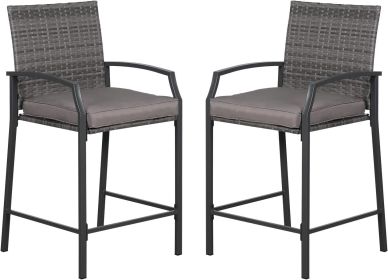 Outdoor Wicker Bar Stools Set of 2, Patio Rattan Counter Height Chairs with Cushions, Armrest and Footrest for Indoor, Garden (Color: 2PCS)
