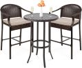 3-Piece Patio Bar Table Set, Outdoor Wicker Bar Height Bistro Furniture for Backyard, Poolside, Balcony w/Barstools, Cushions