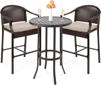 3-Piece Patio Bar Table Set, Outdoor Wicker Bar Height Bistro Furniture for Backyard, Poolside, Balcony w/Barstools, Cushions (Color: Beige)