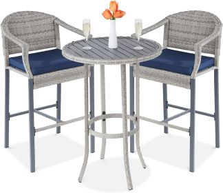 3-Piece Patio Bar Table Set, Outdoor Wicker Bar Height Bistro Furniture for Backyard, Poolside, Balcony w/Barstools, Cushions (Color: Gray Blue)