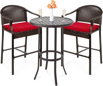 3-Piece Patio Bar Table Set, Outdoor Wicker Bar Height Bistro Furniture for Backyard, Poolside, Balcony w/Barstools, Cushions (Color: Red)