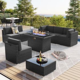 8 Piece Patio Furniture Set with 44" Propane Gas Fire Pit Table, Sectional Conversation Set Wicker Rattan Sofa Set with Table (Color: F8-black Black)