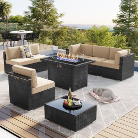 8 Piece Patio Furniture Set with 44" Propane Gas Fire Pit Table, Sectional Conversation Set Wicker Rattan Sofa Set with Table (Color: F8-black Beige)