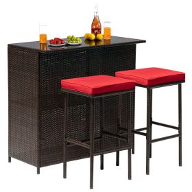 3PCS Patio Bar Set Outdoor Furniture Set Wicker Bistro Set with Two Stools for (Color: Red)