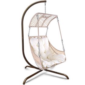Swing Egg Chair with Stand Indoor Outdoor, UV Resistant Cushion Hanging Chair with Cup Holder, Anti-Rust with Wicker Rattan Frame 350lbs Capacity Hamm (Color: White)