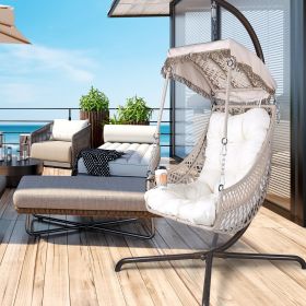 Swing Egg Chair with Stand Indoor Outdoor, UV Resistant Cushion Hanging Chair with Cup Holder, Anti-Rust with Wicker Rattan Frame 350lbs Capacity Hamm (Color: Beige)