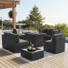 8 Piece Patio Furniture Set with 44" Propane Gas Fire Pit Table, Sectional Conversation Set Wicker Rattan Sofa Set with Table
