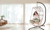 Swing Egg Chair with Stand Indoor Outdoor, UV Resistant Cushion Hanging Chair with Cup Holder, Anti-Rust with Wicker Rattan Frame 350lbs Capacity Hamm